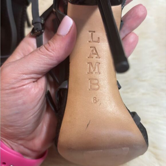 L.A.M.B. Black and Gray Stiletto Heels with Strappy Design - Picture 10 of 10